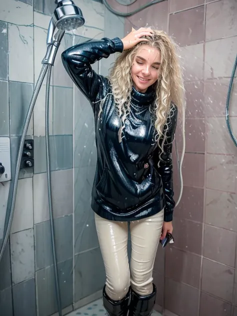 woman taking a shower in (puffy winter coat) and tight sweater and navy blue jeans and stiletto heel boots, ((((wet hair)))), soaking wet, SoakingWetClothes, ((standing under the shower head)), (((showboots))), inviting smile, water pouring through clothes...