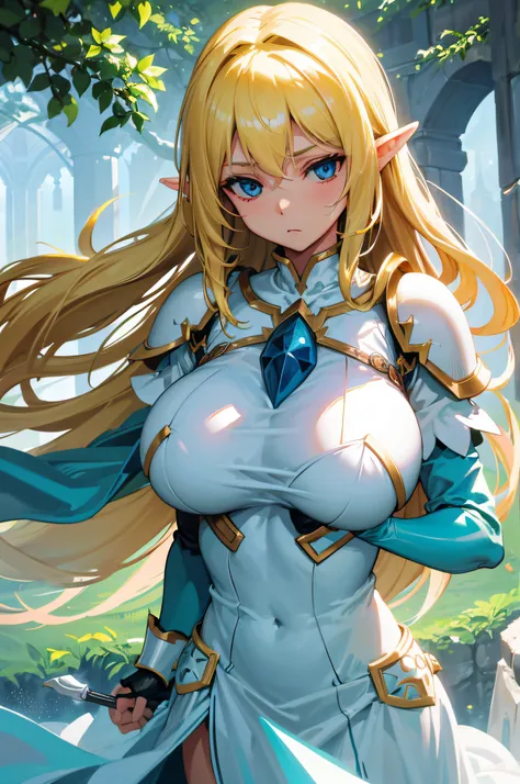 4K,hight resolution,One Woman,a blond,Longhaire,Blue eyes,Colossal tits,elvish,green and white sacred armor,Longsword,sacred place