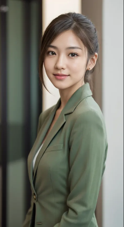 High Resolution, UHD, Anatomically correct, Depth of field, Lower angle shoot, Textured skin, 25 years old Japanese woman, Brown Short ponytail hair, Light smile, mole under eye, White skin, Dark green office suit, Standing pose.