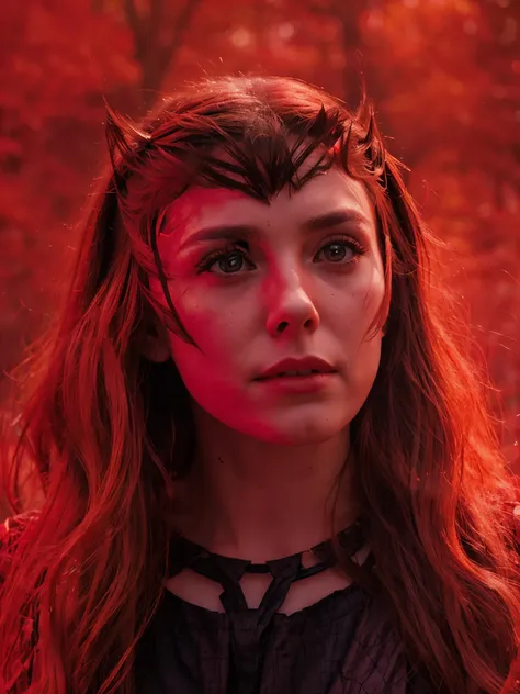 Scarlet witch doing levitation In a forest with dead trees and a cloudless red sky with a ritual of stones on the ground emitting red magic