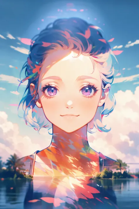 Immerse yourself in a fantastical scene with this unique image, featuring a girl with a beaming smile, her clothes blending into the dreamy lakeside background, enhanced by a stunning multiple exposure effect.