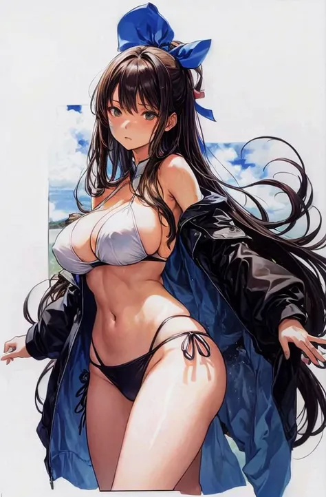 A beautiful woman with long hair is standing in a white bikini with a hostile gaze。