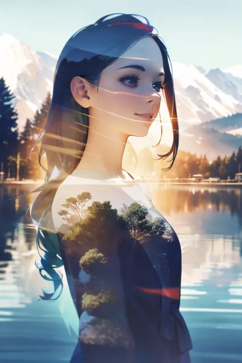 A stunningly realistic image of a smiling girl, her clothes blending seamlessly with the dreamy lakeside background, enhanced by a mesmerizing multiple exposure effect.