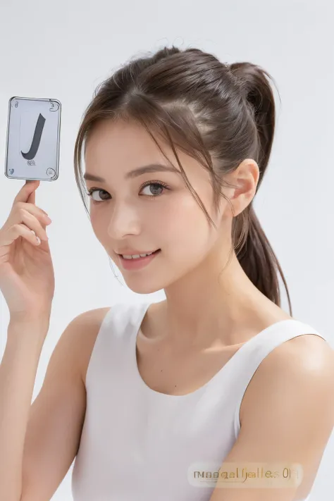 ((beste-Qualit, 10, masterpiece: 1.3)), 1girls, Slim Abs Beauty: 1.Ponytail hairstyle, small boobs: 1.2), dress: 1.1, Super Fine Face, delicate eyes, smile,in the studio white background, (((white photo background))),((((Her hand held a square sign display...