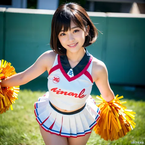 Best Quality, master piece, ultra high resolution, (Photorealsitic:1.4), Raw photo, Extremely-Details, Perfect-Anatomy, 1girl, ((12 years old, the most popular Japanese idol, wearing colorful-cheerleader-costume with cute design)), dancing in schoolyard, (...