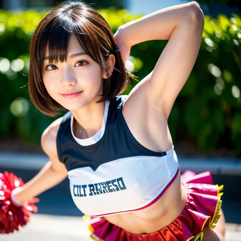 Best Quality, master piece, ultra high resolution, (Photorealsitic:1.4), Raw photo, Extremely-Details, Perfect-Anatomy, 1girl, ((12 years old, the most popular Japanese idol, wearing colorful-cheerleader-costume with cute design)), dancing in schoolyard, (...