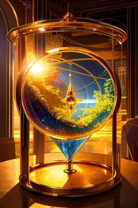 Sci-fi , round vast room of gold and glass , Natural elements , magic floating through the air , colorful elements , high details , realistic