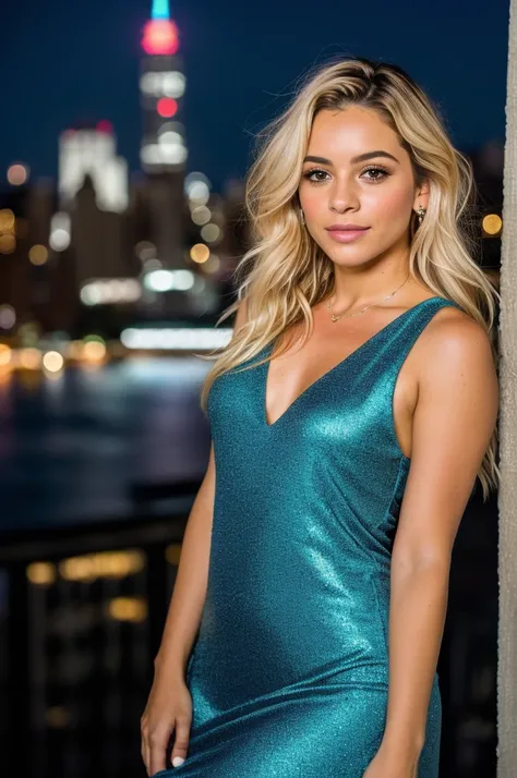 Rough uhd portrait of a 24-year-old blonde close-up, cabello rubio natural, Castillos, ondulado, (Mujer de ojos marrones) en el apartamento, Vorgeschichte von New York City, cielo nocturno estrellado, ,pecho natural, El fondo de la noche nocturna de la ciu...