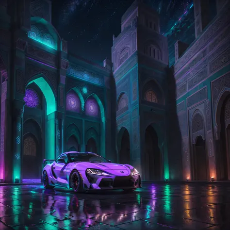 2024 GR Supra GT4, Marrakech mosque background, retrowave, purple and green neon lights, stars, Moroccan lamps, (masterpiece, detailed, highres)