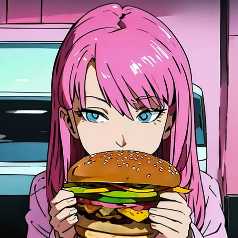 Pink hair girl eating burger