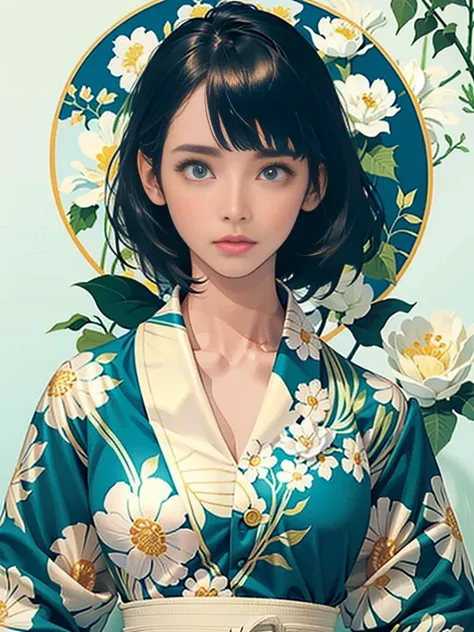 Create award-winning work, Highly detailed vector illustration of comic style wallpaper，Lots of turquoise and creamy flowers, decorated with intricate leaves.a sailor suit、beautiful a girl、high quality eyes、holding a machine gun、Beautiful nasal muscles