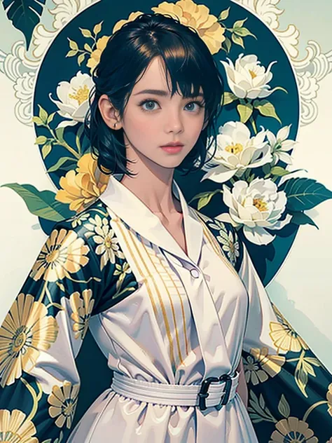 Create award-winning work, Highly detailed vector illustration of comic style wallpaper，Lots of turquoise and creamy flowers, decorated with intricate leaves.a sailor suit、beautiful a girl、high quality eyes、holding a machine gun、Beautiful nasal muscles