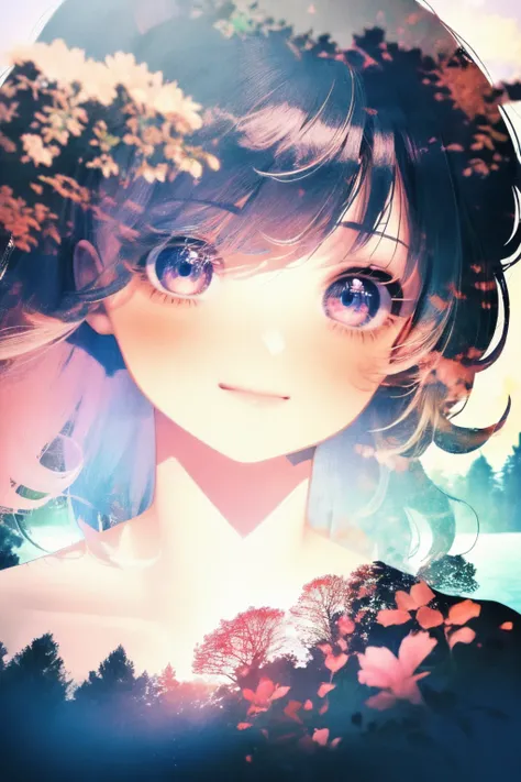 Use your imagination with this visually illustrated prompt, A girl with a bright smile appears, Her attire is、Blends perfectly into the enchanting lakeside backdrop, Enhanced with mesmerizing multiple exposure effects.