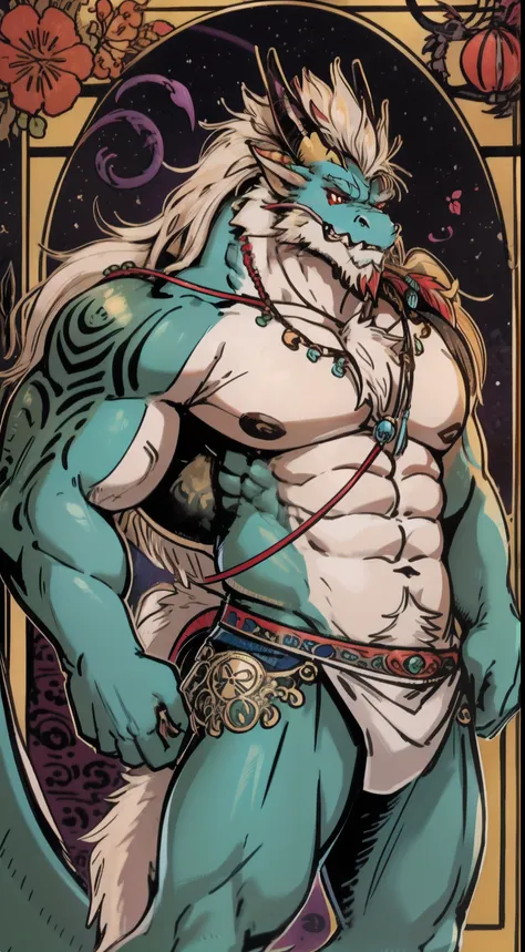 tarot card, majestis furry (muscular furry black and blue eastern dragon) standing with astrological sign, an anthro, anthromorb...