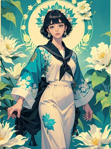 Create award-winning work, Highly detailed vector illustration of comic style wallpaper，Lots of turquoise and creamy flowers, decorated with intricate leaves.a sailor suit、beautiful a girl、high quality eyes、holding a machine gun、Beautiful nasal muscles