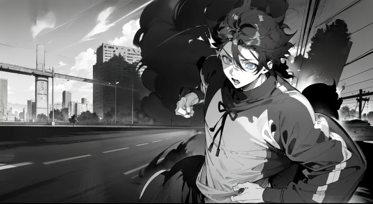 ((male anime character running on a empty road, panting, tired)), ((beatiful eyes, beautiful hands, short black hair)), speedlin...