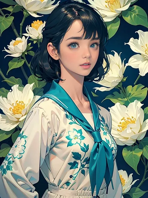 Create award-winning work, Highly detailed vector illustration of comic style wallpaper，Lots of turquoise and creamy flowers, decorated with intricate leaves.a sailor suit、beautiful a girl、high quality eyes、holding a machine gun、Beautiful nasal muscles