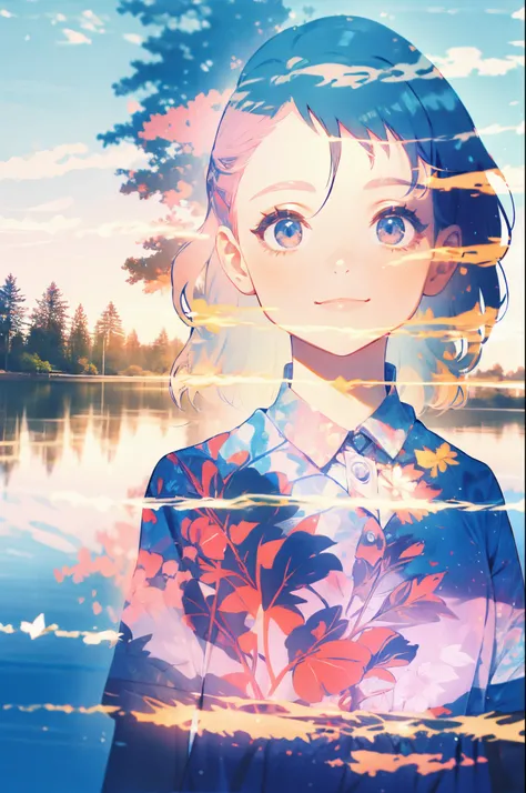 Use your imagination with this visually illustrated prompt, A girl with a bright smile appears, Her outfit blends seamlessly with the enchanting lakeside backdrop, Further enhanced by mesmerizing multiple exposure effects.