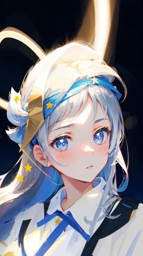 a close up of a woman with a headband with stars on it, with stars, with kind face, wearing angel halo, with accurate face, blurry image, tumblr, face picture, asian face, wearing angel halo covered face, with round face, face  brightly lit, potrait, profi...