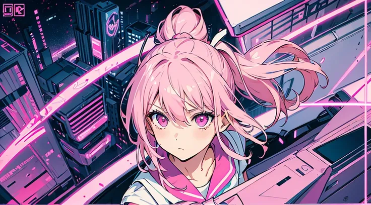 (1girl, pink eyes, pink hair, sailor suit) , (pink cyberpunk building rooftop, pink neon)