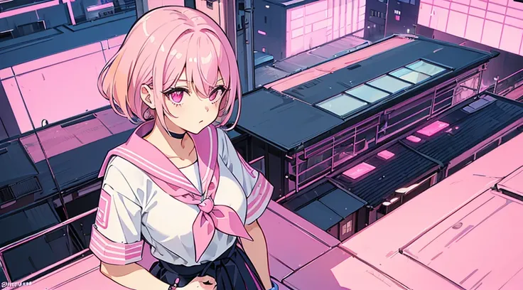 (1girl, pink eyes, pink hair, sailor suit) , (pink cyberpunk building rooftop, pink neon)