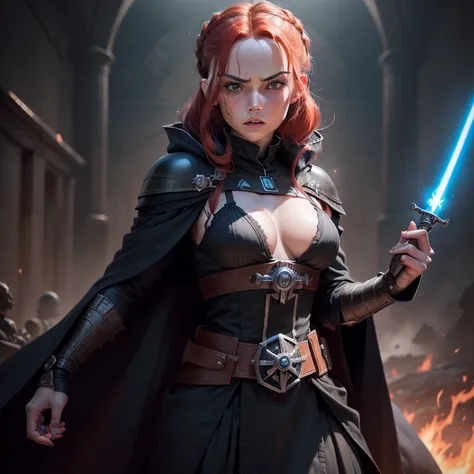 full-length portrait, von Sith-Lord (Krieg der Sterne, beautiful woman with medium sized breasts, tiefer Ausschnitt, fester Hintern, Schwarze Robe), Meisterwerk ((hight resolution)), redhead girl, 26 Jahre alt, rotes lockiges Haar, lockiges Haar, nasty gaz...