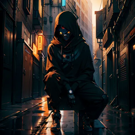 male robotic humanoid, wearing sweatshirt, hood up, hiding face, dystopian city, orange paint job, nervous, in alleyway, sitting...