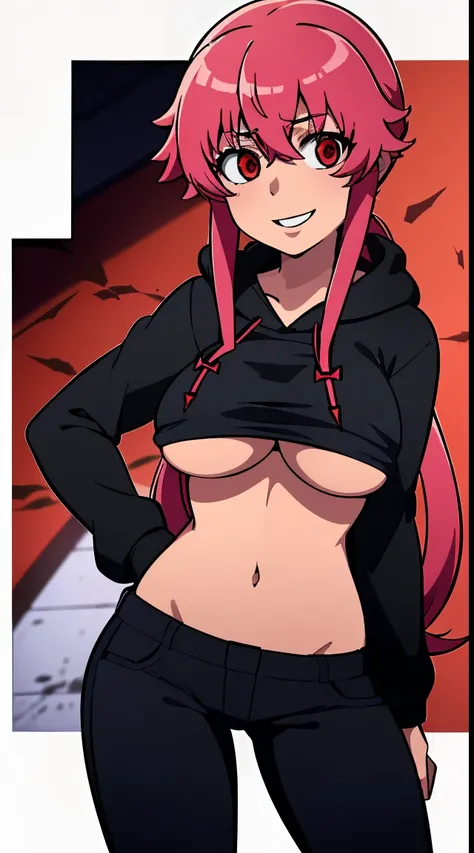 (masterpiece,4k,high quality,delicated background), 1girl, solo, gasai yuno, (large breasts:1.5), (long sleeved black hoodie:1.5), (under boob:1.4), red eyes, (black jeans:1.5), black lace high boots, blood splatter, blood stain, blood stained clothes, (cr...