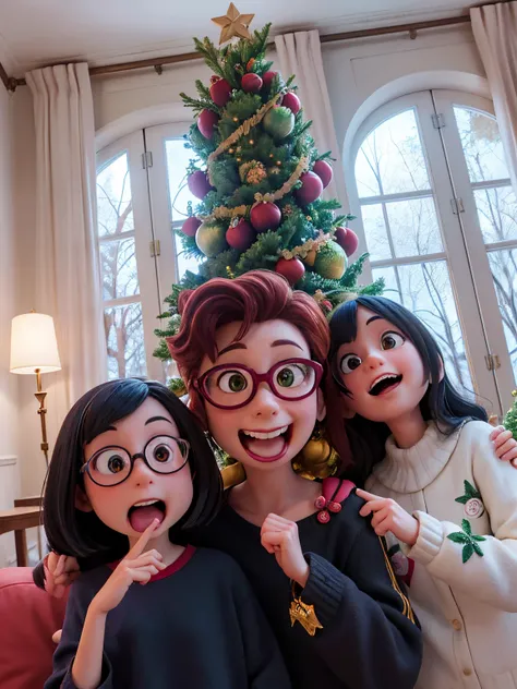 there are three girls that are posing for a picture in front of a christmas tree, with a tree in the background, very silly looking, taken in the early 2020s, happy!!!, trees!!, family photo, trees in the background, taken in 2 0 2 0, in a tree, goth famil...