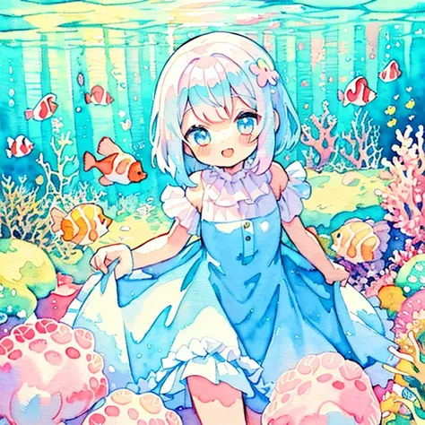 (Pastel Color: 1.5), (Cute Illustration: 1.5), (Watercolor: 1.2), blue background, one girl, smiling, underwater, dress, clownfish, sparkling