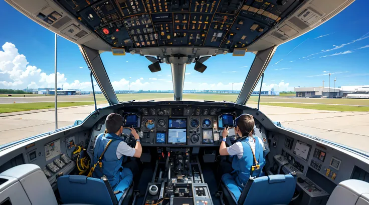 On a sunny day,Maintenance staff wearing blue overalls,Boeing B787 aircraft maintenance in the cockpit