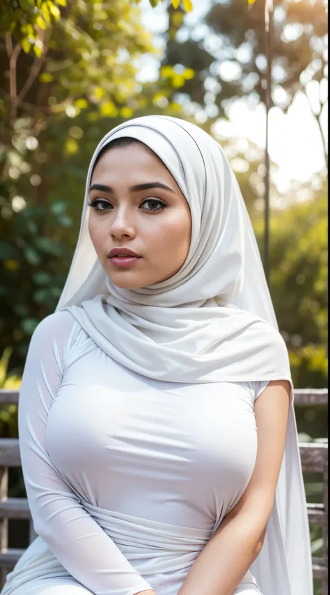 RAW, Best quality, high resolution, masterpiece: 1.3), beautiful Malay woman in hijap:0.8),(big breasts), perfect nose, perfect lips, perfect eyes, detail :1.2),,close up, beautiful face, perfect body, wearing a white long dress and a white long shawl,((tu...