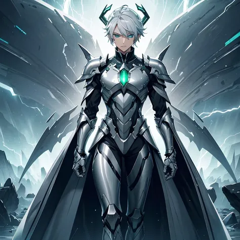 Master piece, 8k, ultra detailed, silver armor, emerald encrusted, slender man, light grey hair, cyan color eyes, haughty face, full body frame, hurricane and lightnings background