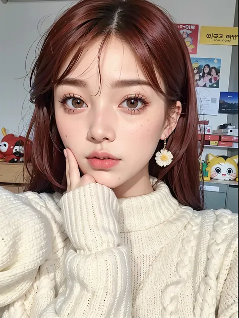 a closeup of a redhead person and a sweater, ulzzang, maquillaje coreano popular, con el pelo rojo, maquillaje popular de Corea del Sur, Jinyoung Shin, pale red, Joven y adorable rostro coreano, mejillas rojas, Linda cara de anime natural, Wan adorable car...