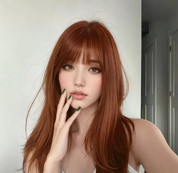 there a woman with long red hair and a green manicure, Cabello rojo y rasgos atractivos, brown bangs, auburn hair with bangs, Flequillo partido en el centro, Pelo largo con flequillo, Cabello limpio con flequillo, cabello cobrizo, con flequillo, Chica peli...