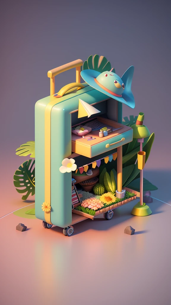 There  a suitcase，There  a straw hat on it, ​​clouds, foliage, Chrysanthemums floating in the air,  Model aircraft: 1.2), solid color backdrop, 2.5D illustration, 3Drenderingof, 3D modeling, Foam matte, Behans 3D Art Trends, Behans 3D Art Trends, 3d illust...