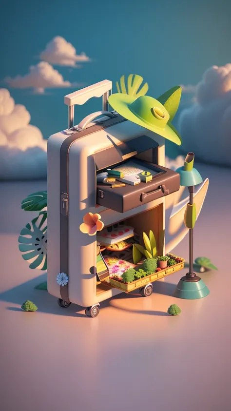 There  a suitcase，There  a straw hat on it, ​​clouds, foliage, Chrysanthemums floating in the air,  Model aircraft: 1.2), solid color backdrop, 2.5D illustration, 3Drenderingof, 3D modeling, Foam matte, Behans 3D Art Trends, Behans 3D Art Trends, 3d illust...