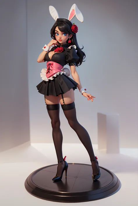 masterpiece, high res, 4k, (perfect anatomy:1.5), perfect long legs, perfect arms, white bunny ears, long black hair, maid outfit, (black stockings), black high heels, cute face, rose cheeks, tiny body, medium breasts, sexy pose, sexy body