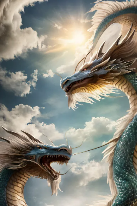 Chinese-style white dragon. The surroundings are filled with ethereal white clouds, illuminated by a cinematic light. The depth of field is high, creating a sense of three-dimensionality. A gentle breeze stirs the scene, adding to the mystical atmosphere, ...