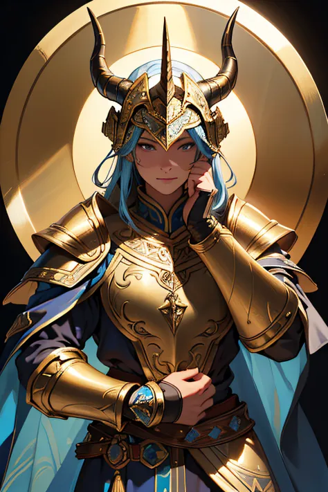 (alta qualidade, imagem detalhada:1.2), ultra-detalhado, Realistic:1.37, armadura com placas azuis, golden inlays on the edges, and an ornate helmet with three rows of small horn-shaped protrusions, vivid colors, studio lighting