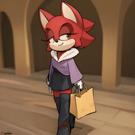 Female, Mobian, Bat, Ruby Red fur, selfish, carrying bags of money