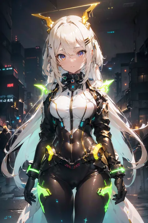 Arknights girl (masterpiece), best quality, expressive eyes, (((in hyper realistic and detailed neon-lit sci-fi plugsuit golden & white armor, aethereal aesthetic style))) beauty korean idoll, intricate perfect beauty cute face, detailed sharp eyes, hyper ...