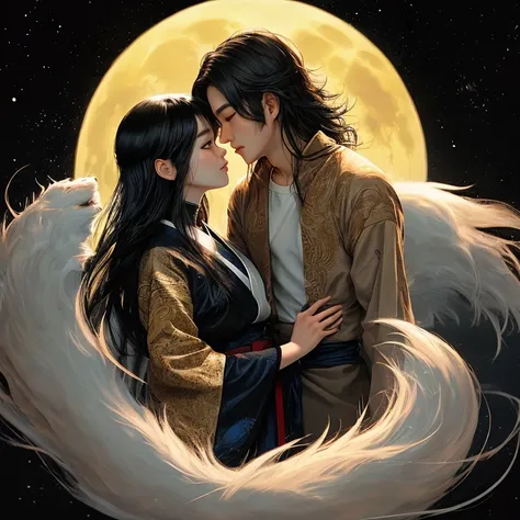 amor sob o fundo da lua prateada Na frente quero dois adultos uma kitsune de 30 anos, long black hair and a man Neck length Asian hair light skin black (master part) 8K resolution, Go.. Luz, Jovem bonito olhando para a lua, Deus Senhor, cabelo longo liso p...