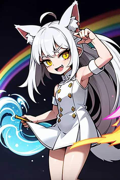 White hair, white eyes rainbow outline, rainbow outline, rainbow aura, white hair, fox girl, white tail, fox tail, pretty girl, anime, curly hair, cute fang, vixen, cute ears, cute girl, girl, vixen, fox ears, clothed, cute, medium hair, neat hair, cute, d...