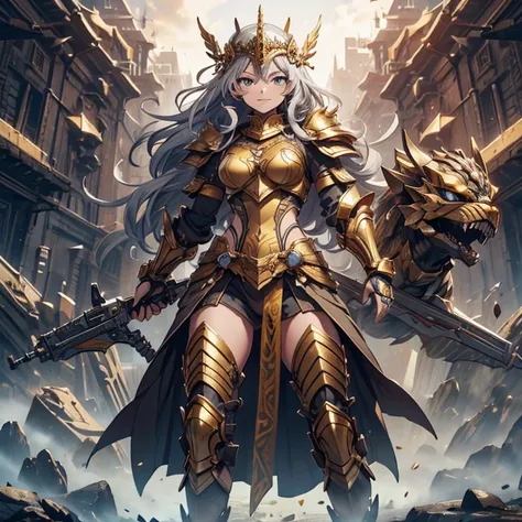 Master piece, 8k, ultra detailed, bronze armor, yellow topaz encrusted, woman, browny grey hair, browny grey eyes, smiley face, full body frame, andes mountain range background