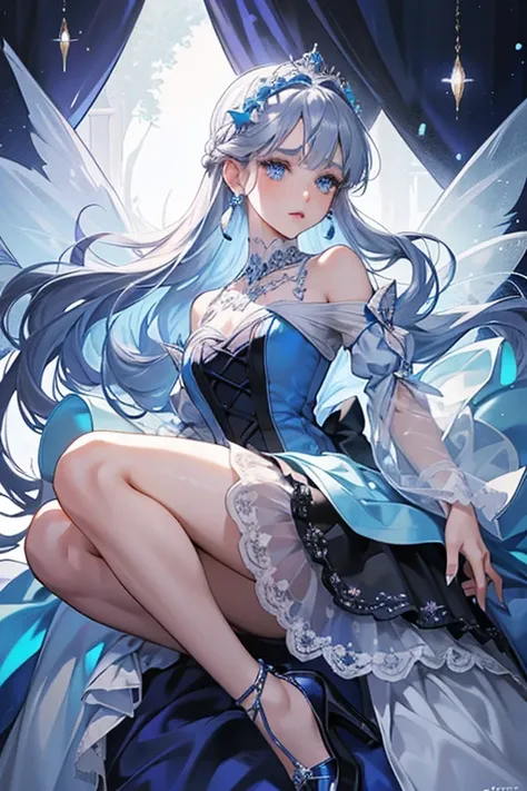 She has a medium build with pale delicate blue skin and silvery blue eyes. Her makeup consists of black mascara, ombre purplish-pink eyeliner, light blue eyeshadow, delicate blue cornered eyeshadow, and shimmering blue-to-indigo lipstick. She also has long...