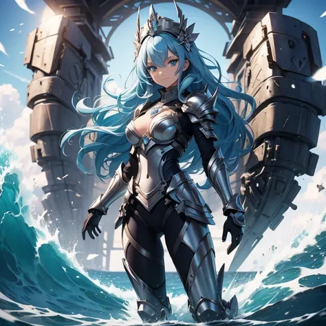 master piece, 8k, ultra detailed, blue armor, sapphire encrusted, girl, light blue hair, navy eyes, smiley face, full body frame...