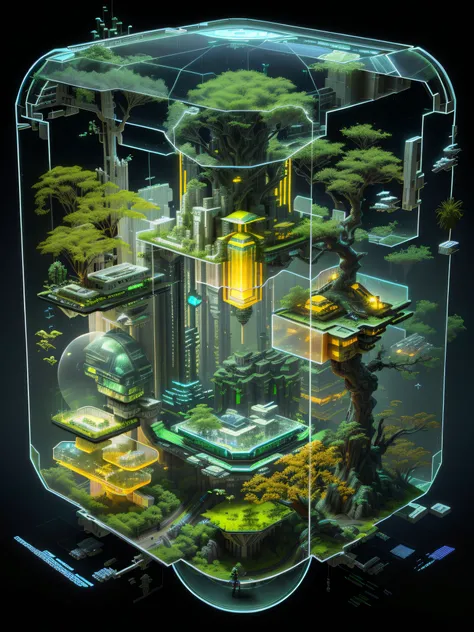 High quality futuristic architecture sci-fi clean futuristic feel , isometric invironment, cyberpunk tree house, isometric art, utopian jungle in space,3 d epic illustrations, Surreal + The photos are very detailed, graphic of enchanted terrarium, Complex ...