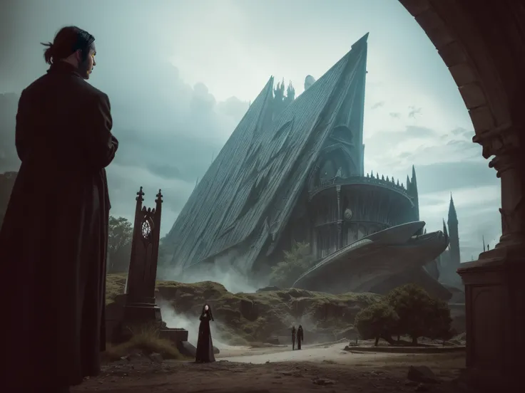 Infuse a gothic and dramatic atmosphere into the scene, portraying the crew, enormous tits, of the starship Enterprise NCC-1701D in a mysterious and cosmic setting. Reference the gothic art of Caspar David Friedrich or Francisco Goya.