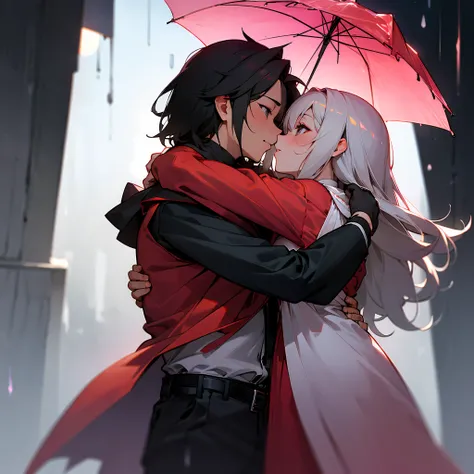 boy and girl hugging in rain